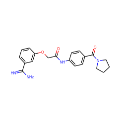 N=C(N)c1cccc(OCC(=O)Nc2ccc(C(=O)N3CCCC3)cc2)c1 ZINC000026381123