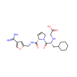 N=C(N)c1coc(CNC(=O)[C@@H]2C=CCN2C(=O)[C@@H](CC2CCCCC2)NCC(=O)O)c1 ZINC000034689209