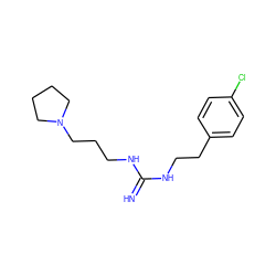 N=C(NCCCN1CCCC1)NCCc1ccc(Cl)cc1 ZINC000003981382