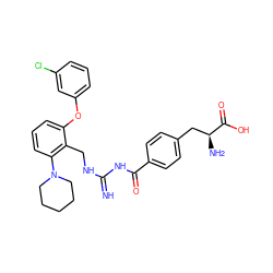 N=C(NCc1c(Oc2cccc(Cl)c2)cccc1N1CCCCC1)NC(=O)c1ccc(C[C@H](N)C(=O)O)cc1 ZINC000653848290