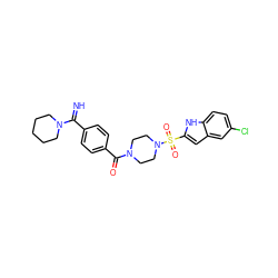 N=C(c1ccc(C(=O)N2CCN(S(=O)(=O)c3cc4cc(Cl)ccc4[nH]3)CC2)cc1)N1CCCCC1 ZINC000026177654