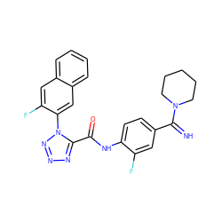 N=C(c1ccc(NC(=O)c2nnnn2-c2cc3ccccc3cc2F)c(F)c1)N1CCCCC1 ZINC000028234149