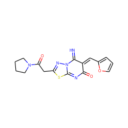 N=C1/C(=C/c2ccco2)C(=O)N=C2SC(CC(=O)N3CCCC3)=NN12 ZINC000100566479