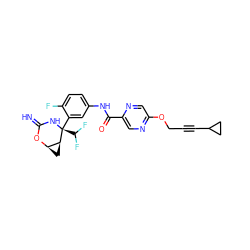 N=C1N[C@@](c2cc(NC(=O)c3cnc(OCC#CC4CC4)cn3)ccc2F)(C(F)F)[C@H]2C[C@H]2O1 ZINC000473194925