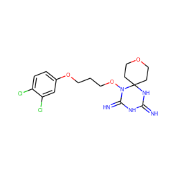 N=C1NC(=N)N(OCCCOc2ccc(Cl)c(Cl)c2)C2(CCOCC2)N1 ZINC001772583938