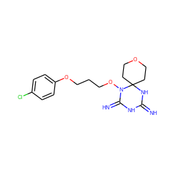 N=C1NC(=N)N(OCCCOc2ccc(Cl)cc2)C2(CCOCC2)N1 ZINC001772642958