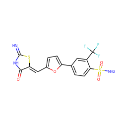 N=C1NC(=O)/C(=C/c2ccc(-c3ccc(S(N)(=O)=O)c(C(F)(F)F)c3)o2)S1 ZINC000014963245