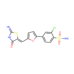 N=C1NC(=O)/C(=C/c2ccc(-c3ccc(S(N)(=O)=O)c(Cl)c3)o2)S1 ZINC000014963249