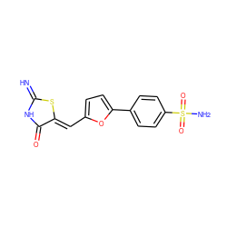 N=C1NC(=O)/C(=C/c2ccc(-c3ccc(S(N)(=O)=O)cc3)o2)S1 ZINC000004976875