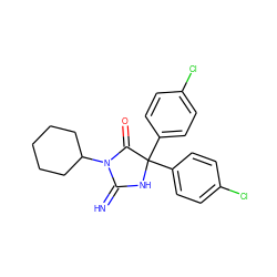 N=C1NC(c2ccc(Cl)cc2)(c2ccc(Cl)cc2)C(=O)N1C1CCCCC1 ZINC000103243790