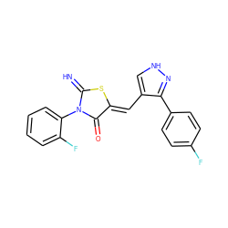 N=C1S/C(=C\c2c[nH]nc2-c2ccc(F)cc2)C(=O)N1c1ccccc1F ZINC000004171347