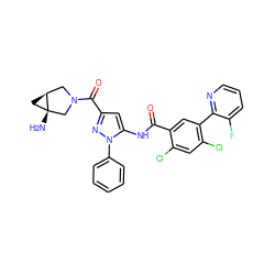 N[C@@]12C[C@H]1CN(C(=O)c1cc(NC(=O)c3cc(-c4ncccc4F)c(Cl)cc3Cl)n(-c3ccccc3)n1)C2 ZINC001772629609