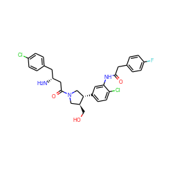 N[C@@H](CC(=O)N1C[C@H](c2ccc(Cl)c(NC(=O)Cc3ccc(F)cc3)c2)[C@@H](CO)C1)Cc1ccc(Cl)cc1 ZINC000263621107