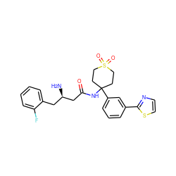 N[C@@H](CC(=O)NC1(c2cccc(-c3nccs3)c2)CCS(=O)(=O)CC1)Cc1ccccc1F ZINC000095563081