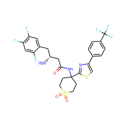 N[C@@H](CC(=O)NC1(c2nc(-c3ccc(C(F)(F)F)cc3)cs2)CCS(=O)(=O)CC1)Cc1cc(F)c(F)cc1F ZINC000095558620