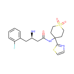 N[C@@H](CC(=O)NC1(c2nccs2)CCS(=O)(=O)CC1)Cc1ccccc1F ZINC000040891790