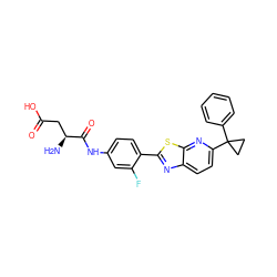 N[C@@H](CC(=O)O)C(=O)Nc1ccc(-c2nc3ccc(C4(c5ccccc5)CC4)nc3s2)c(F)c1 ZINC000073197651