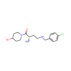 N[C@@H](CCNCc1ccc(Cl)cc1)C(=O)N1CCC(O)CC1 ZINC000013561265