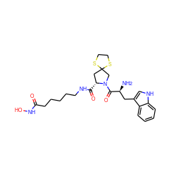 N[C@@H](Cc1c[nH]c2ccccc12)C(=O)N1CC2(C[C@H]1C(=O)NCCCCCC(=O)NO)SCCS2 ZINC000072106007