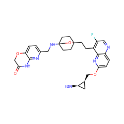 N[C@@H]1C[C@@H]1COc1ccc2ncc(F)c(CCC34CCC(NCc5ccc6c(n5)NC(=O)CO6)(CC3)CO4)c2n1 ZINC000149157244