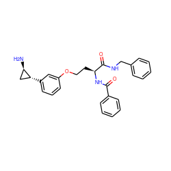 N[C@@H]1C[C@H]1c1cccc(OCC[C@H](NC(=O)c2ccccc2)C(=O)NCc2ccccc2)c1 ZINC000069476344