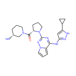 N[C@@H]1CCCN(C(=O)[C@@H]2CCCN2c2nc(Nc3cc(C4CC4)[nH]n3)c3cccn3n2)C1 ZINC000096177838