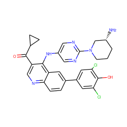 N[C@@H]1CCCN(c2ncc(Nc3c(C(=O)C4CC4)cnc4ccc(-c5cc(Cl)c(O)c(Cl)c5)cc34)cn2)C1 ZINC000114035781