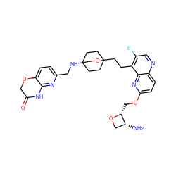 N[C@@H]1CO[C@@H]1COc1ccc2ncc(F)c(CCC34CCC(NCc5ccc6c(n5)NC(=O)CO6)(CC3)CO4)c2n1 ZINC000149153864