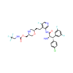 N[C@H](C(=O)Nc1cncc(F)c1CC[C@@H]1CN[C@H](COC(=O)NCC(F)(F)F)CO1)[C@@H](c1ccc(Cl)cc1)c1cc(F)cc(F)c1 ZINC000222624903