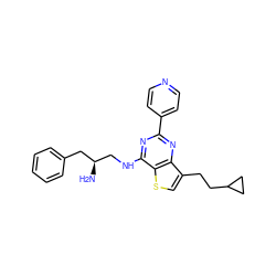 N[C@H](CNc1nc(-c2ccncc2)nc2c(CCC3CC3)csc12)Cc1ccccc1 ZINC000223663502