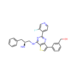 N[C@H](CNc1nc(-c2ccncc2F)nc2c(-c3cccc(CO)c3)csc12)Cc1ccccc1 ZINC000223692048