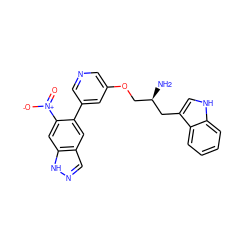 N[C@H](COc1cncc(-c2cc3cn[nH]c3cc2[N+](=O)[O-])c1)Cc1c[nH]c2ccccc12 ZINC000014962164