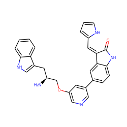 N[C@H](COc1cncc(-c2ccc3c(c2)/C(=C/c2ccc[nH]2)C(=O)N3)c1)Cc1c[nH]c2ccccc12 ZINC000006718486