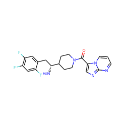 N[C@H](Cc1cc(F)c(F)cc1F)C1CCN(C(=O)c2cnc3ncccn23)CC1 ZINC000040414305