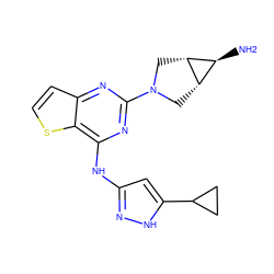 N[C@H]1[C@@H]2CN(c3nc(Nc4cc(C5CC5)[nH]n4)c4sccc4n3)C[C@H]12 ZINC000473135656