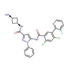 N[C@H]1C[C@@H](NC(=O)c2cc(NC(=O)c3cc(-c4ncccc4F)c(Cl)cc3Cl)n(-c3ccccc3)n2)C1 ZINC001772632493