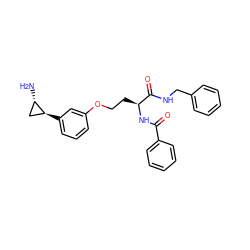 N[C@H]1C[C@@H]1c1cccc(OCC[C@H](NC(=O)c2ccccc2)C(=O)NCc2ccccc2)c1 ZINC000069476342