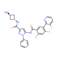 N[C@H]1C[C@H](NC(=O)c2cc(NC(=O)c3cc(-c4ncccc4F)c(Cl)cc3Cl)n(-c3ccccc3)n2)C1 ZINC001772653465