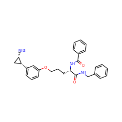 N[C@H]1C[C@H]1c1cccc(OCCC[C@H](NC(=O)c2ccccc2)C(=O)NCc2ccccc2)c1 ZINC000072173583