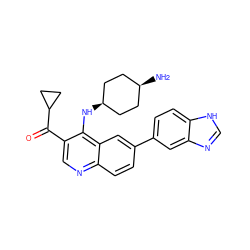 N[C@H]1CC[C@@H](Nc2c(C(=O)C3CC3)cnc3ccc(-c4ccc5[nH]cnc5c4)cc23)CC1 ZINC000114038870