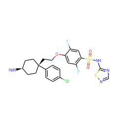 N[C@H]1CC[C@](CCOc2cc(F)c(S(=O)(=O)Nc3ncns3)cc2F)(c2ccc(Cl)cc2)CC1 ZINC001772632210