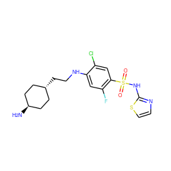 N[C@H]1CC[C@H](CCNc2cc(F)c(S(=O)(=O)Nc3nccs3)cc2Cl)CC1 ZINC001772646010