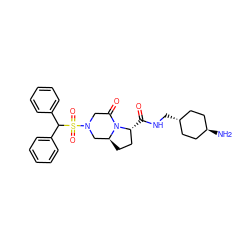 N[C@H]1CC[C@H](CNC(=O)[C@@H]2CC[C@H]3CN(S(=O)(=O)C(c4ccccc4)c4ccccc4)CC(=O)N32)CC1 ZINC000257906973