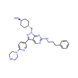 N[C@H]1CC[C@H](Cn2nc(-c3ccc(N4CCNCC4)nc3)c3cnc(NCCCc4ccccc4)nc32)CC1 ZINC000261091168