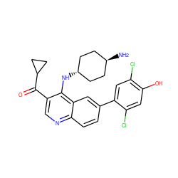 N[C@H]1CC[C@H](Nc2c(C(=O)C3CC3)cnc3ccc(-c4cc(Cl)c(O)cc4Cl)cc23)CC1 ZINC000473194474