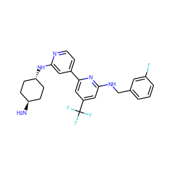 N[C@H]1CC[C@H](Nc2cc(-c3cc(C(F)(F)F)cc(NCc4cccc(F)c4)n3)ccn2)CC1 ZINC000261190149