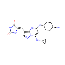 N[C@H]1CC[C@H](Nc2cc(NC3CC3)n3ncc(/C=C4\NC(=O)NC4=O)c3n2)CC1 ZINC001772616801