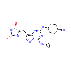 N[C@H]1CC[C@H](Nc2nc(NC3CC3)n3ncc(/C=C4\NC(=O)NC4=O)c3n2)CC1 ZINC001772578766