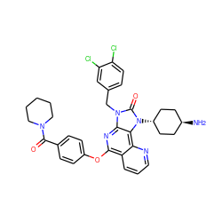 N[C@H]1CC[C@H](n2c(=O)n(Cc3ccc(Cl)c(Cl)c3)c3nc(Oc4ccc(C(=O)N5CCCCC5)cc4)c4cccnc4c32)CC1 ZINC000299821070