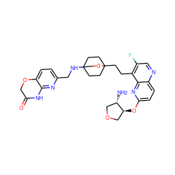 N[C@H]1COC[C@@H]1Oc1ccc2ncc(F)c(CCC34CCC(NCc5ccc6c(n5)NC(=O)CO6)(CC3)CO4)c2n1 ZINC000206093679